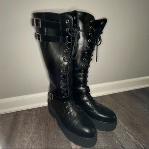 Black leather knee high boots